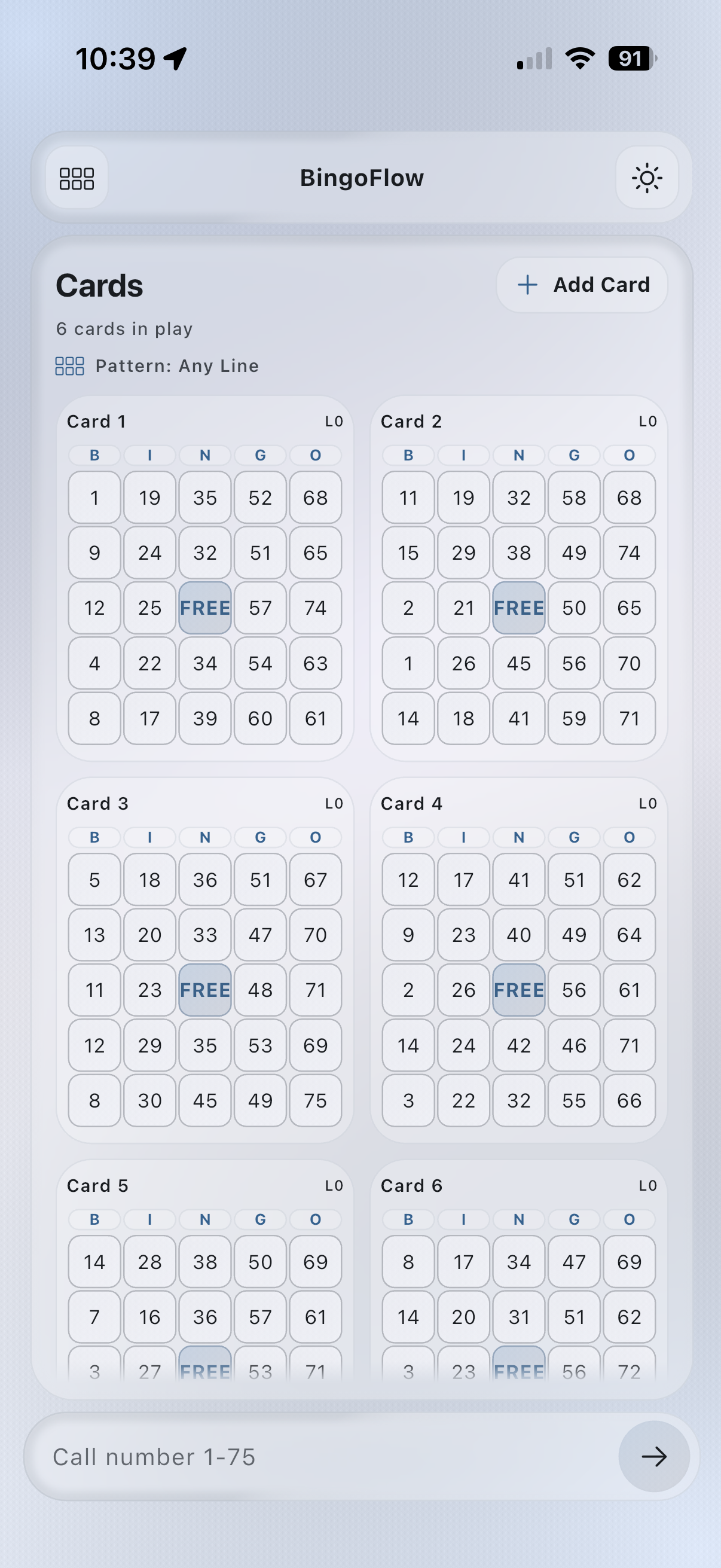 BingoFlow card dashboard screenshot