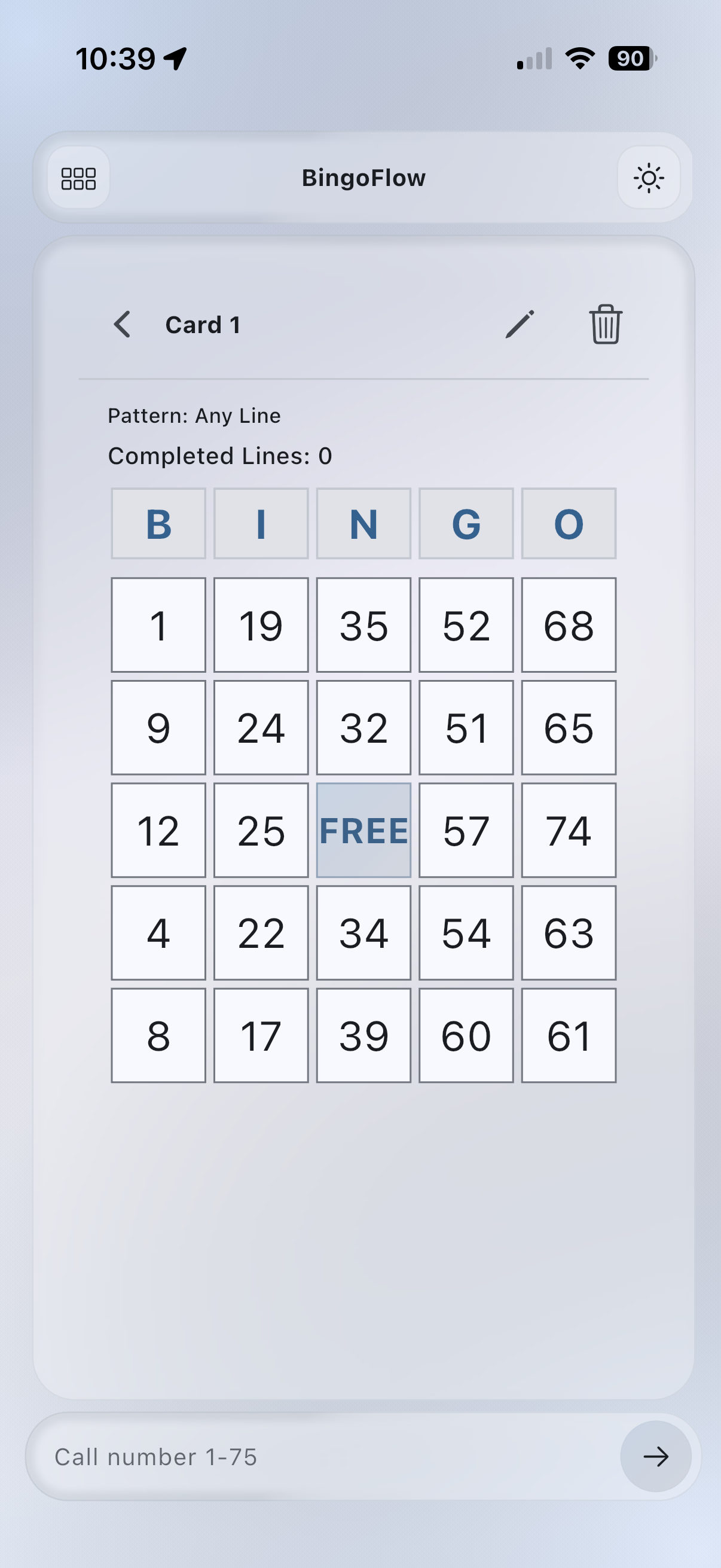 BingoFlow called-number entry screenshot